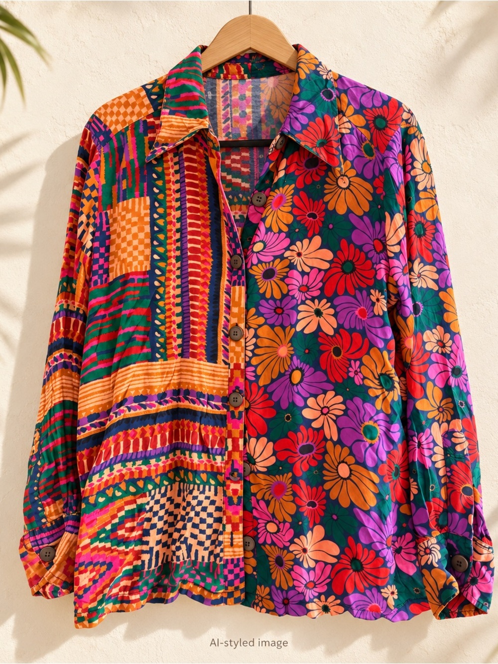 FARM Rio for Anthropologie Mixed-Print Floral Button-Down Blouse — Large